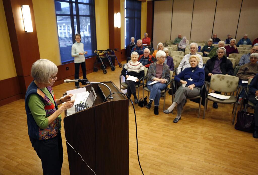 Leona Judson speaks about upcoming ballot measures including Measure I, a 30-year extension of the quarter-cent sales tax for SMART, during a forum hosted by the League of Women Voters at Spring Lake Village in Santa Rosa on Monday, February 3, 2020. (BETH SCHLANKER/ The Press Democrat)