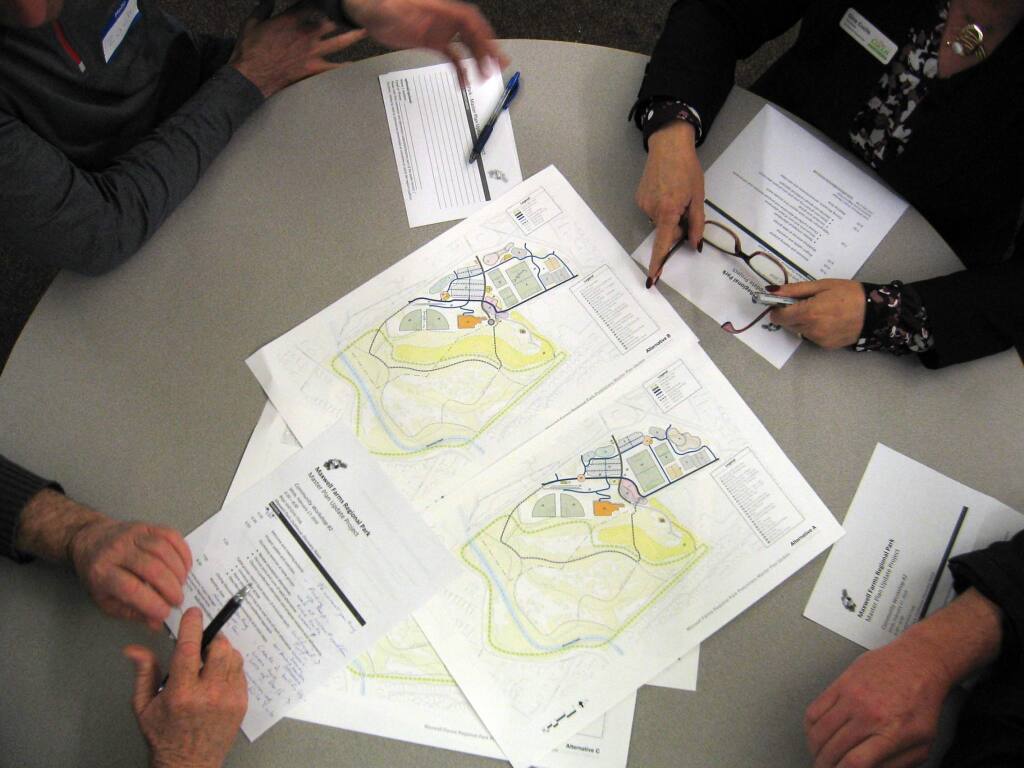 WORKSHOP PARTICIPANTS at a Sonoma County Regional Parks' meeting on Wednesday, Feb. 17, consider the plans for future use of Maxwell Farms Regional Park. (Christian Kallen/Index-Tribune)