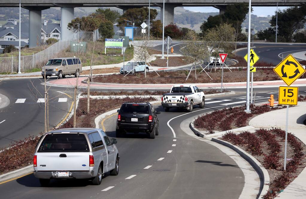 Vehicles navigate the roundabout on Petaluma Boulevard South at Crystal Lane in Petaluma in 2013. (CHRISTOPHER CHUNG/ PD FILE)