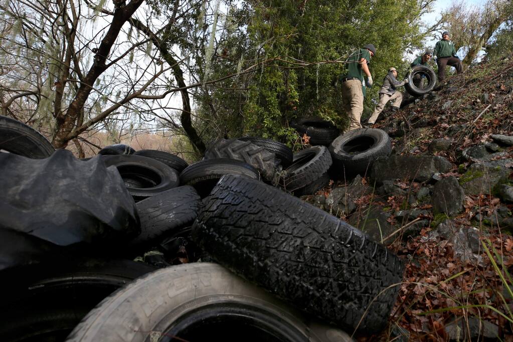 Conservation Corps personnel work to clean up about 250 tires dumped near the Russian River off Hwy 101 just south of Hopland on Thursday, January 9, 2020. (BETH SCHLANKER/ The Press Democrat)
