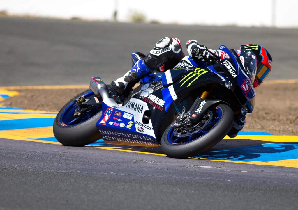 Roseville resident Cameron Beaubier charges toward the finish at the MotoAmerica racing Sunday at Sonoma Raceway. Beaubier earned a double victory in the day's racing. (Photo by Mike Doran)