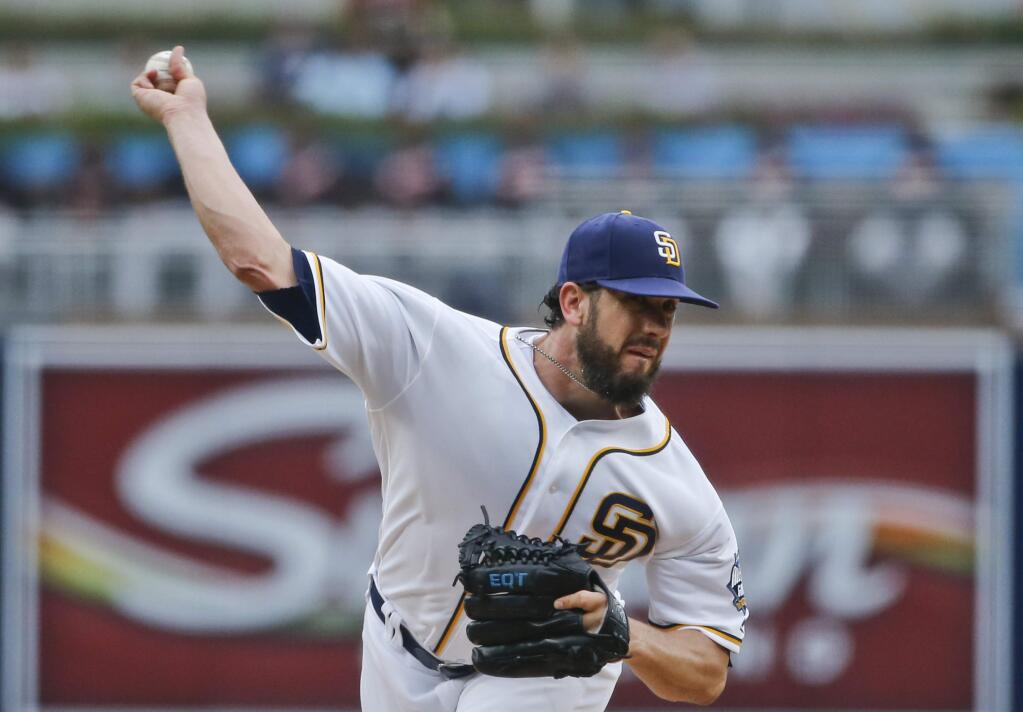 San Diego Padres starting pitcher James Shields throws against the San Francisco Giants during the first inning of a baseball game Thursday, May 19, 2016, in San Diego. (AP Photo/Lenny Ignelzi)