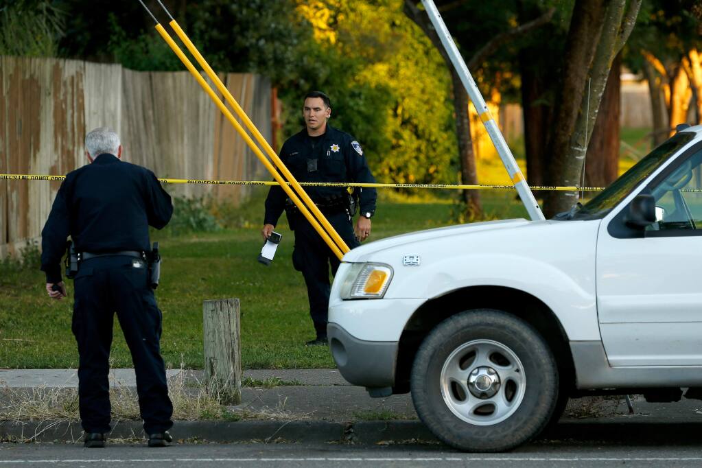 Santa Rosa police officers investigate the scene of a shooting near Jacobs Park in Santa Rosa, California, on Wednesday, June 5, 2019. (ALVIN JORNADA/ PD)