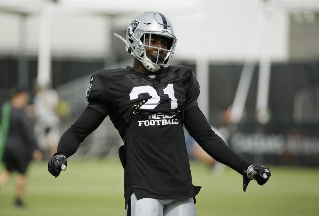 Oakland Raiders cornerback Gareon Conley takes part in a drill during training camp Monday, July 29, 2019, in Napa. (AP Photo/Eric Risberg)