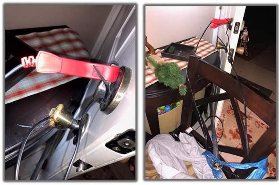Photos from the crime scene showing the barricade and electrical device attached to the front door of the home. (Flagler County Sheriff's Office)