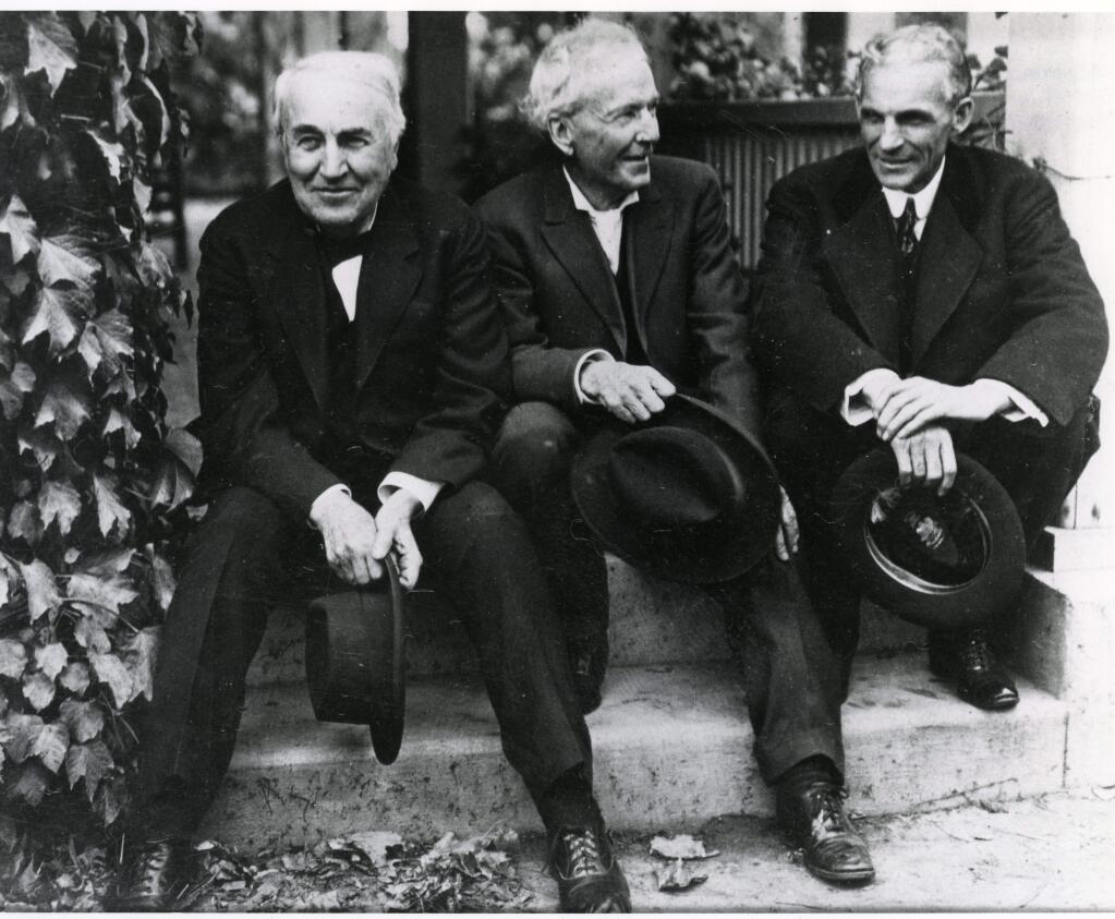 Thomas Edison, Luther Burbank and Henry Ford at Burbank's Santa Rosa home on Oct. 15, 1915. The nation's most famous men, along with rubber tire developer Harvey Firestone, visited Santa Rosa on a special train from San Francisco's Pan-Pacific International Exposition. (Sonoma County Library)