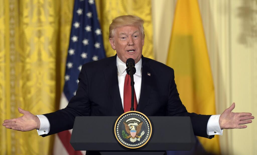 President Donald Trump speaks during a news conference with Colombian President Juan Manuel Santos in the East Room of the White House in Washington, Thursday, May 18, 2017. (AP Photo/Susan Walsh)