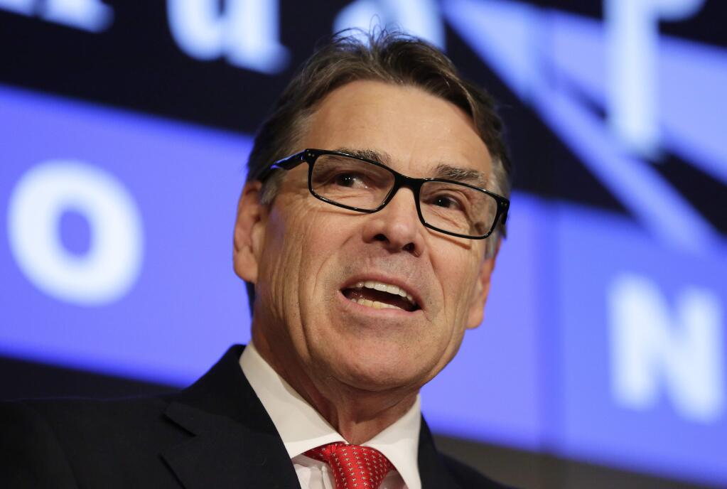 FILE - In this Feb. 24, 2016, file photo, former Texas Gov. Rick Perry speaks during a news conference in Austin, Texas. ABC announced on Aug. 30, 2016, that Perry will take part in the upcoming season of 'Dancing with the Stars.' (AP Photo/Eric Gay, File)