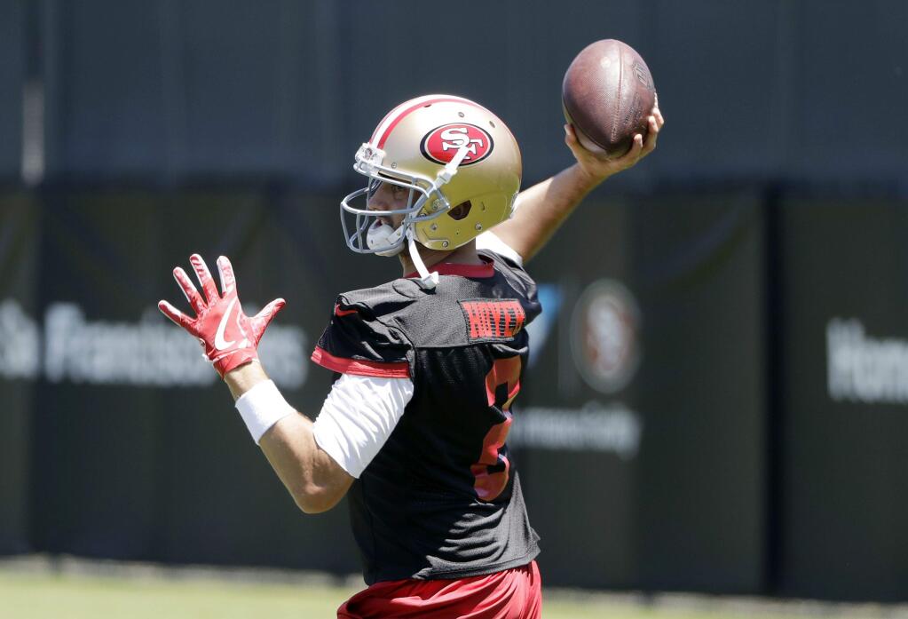 San Francisco 49ers quarterback Brian Hoyer during practice at the team's training facility Tuesday, June 13, 2017, in Santa Clara. (AP Photo/Marcio Jose Sanchez)