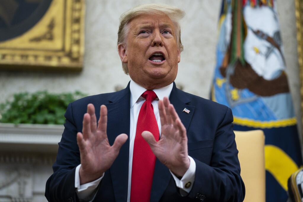 President Donald Trump speaks during a meeting with Ecuadorian President Lenin Moreno in the Oval Office of the White House, Wednesday, Feb. 12, 2020, in Washington. (AP Photo/Evan Vucci)