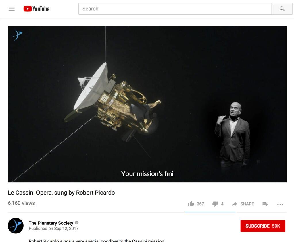 This image shows a frame from a video posted on YouTube by the Planetary Society on Tuesday, with actor Robert Picardo singing an operatic ode to the Cassini spacecraft. The actor from TV's old “Star Trek: Voyager” series says he dashed off the lyrics in about a minute, several weeks ago. (The Planetary Society)