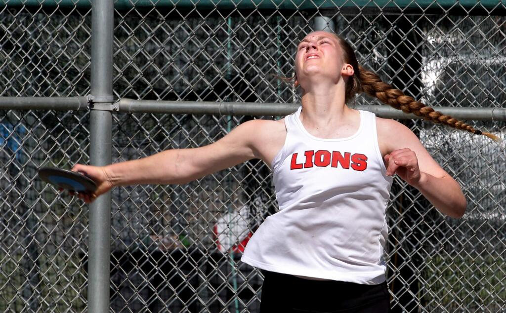 Kassidy Sani of El Molino High School throws the discus during the North Bay League track and field finals at Montgomery High School on Saturday, May 3, 2019. (Darryl Bush / For The Press Democrat)