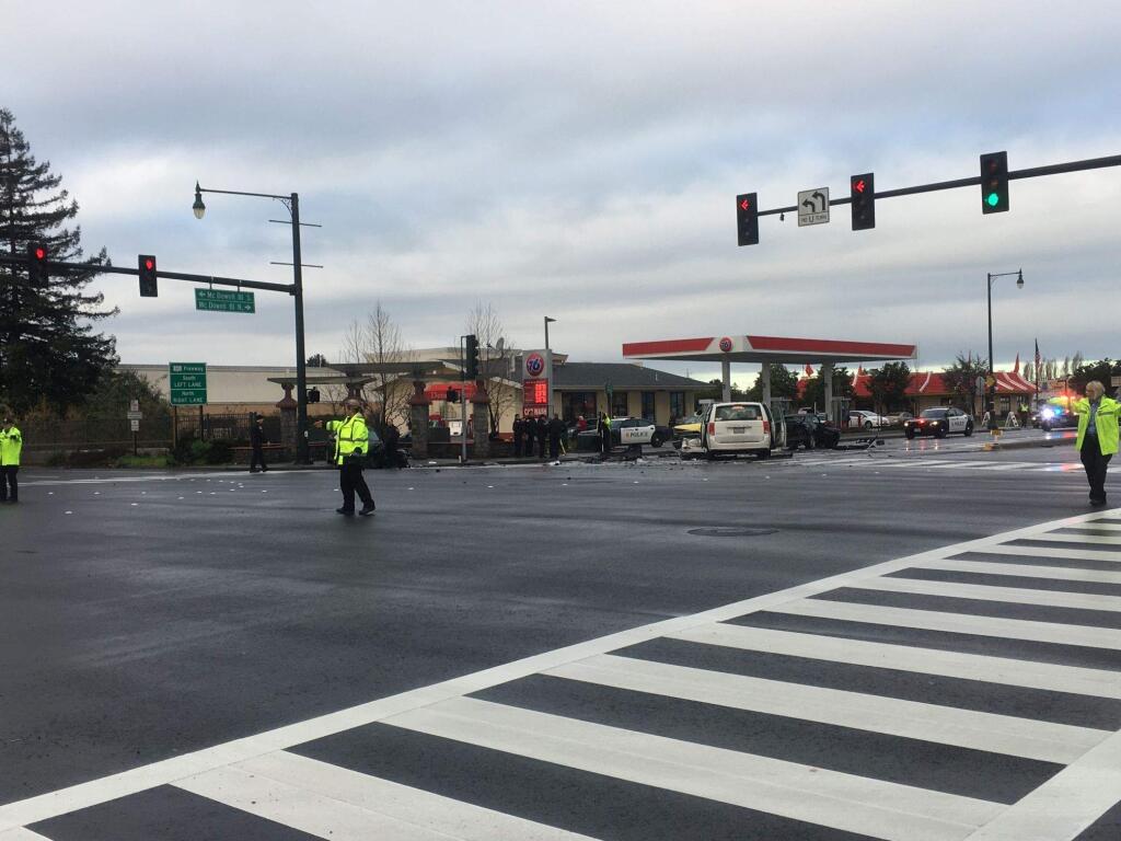 Multiple vehicles were involved in an accident at the intersection of East Washington Street and McDowell Boulevard in Petaluma on the morning of Thursday, Jan. 12. HANNAH BEAUSANG/ARGUS-COURIER STAFF