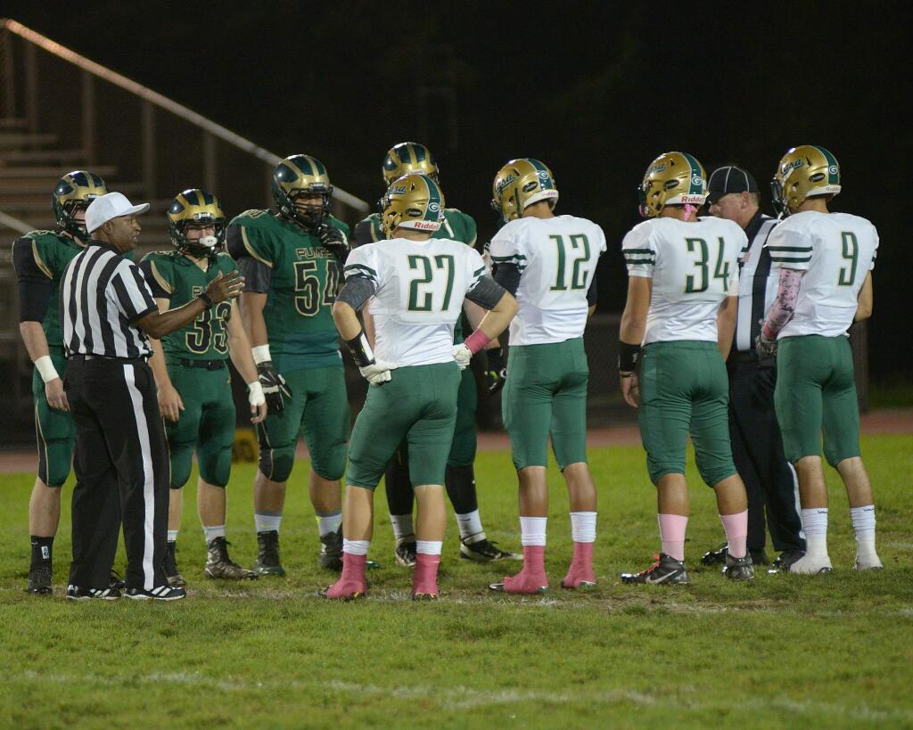 The coin toss before the football game between Casa Grande High School and Maria Carrillo at MCHS in Santa Rosa on Friday night October 24, 2015. (Sumner Fowler/For the Argus-Courier)
