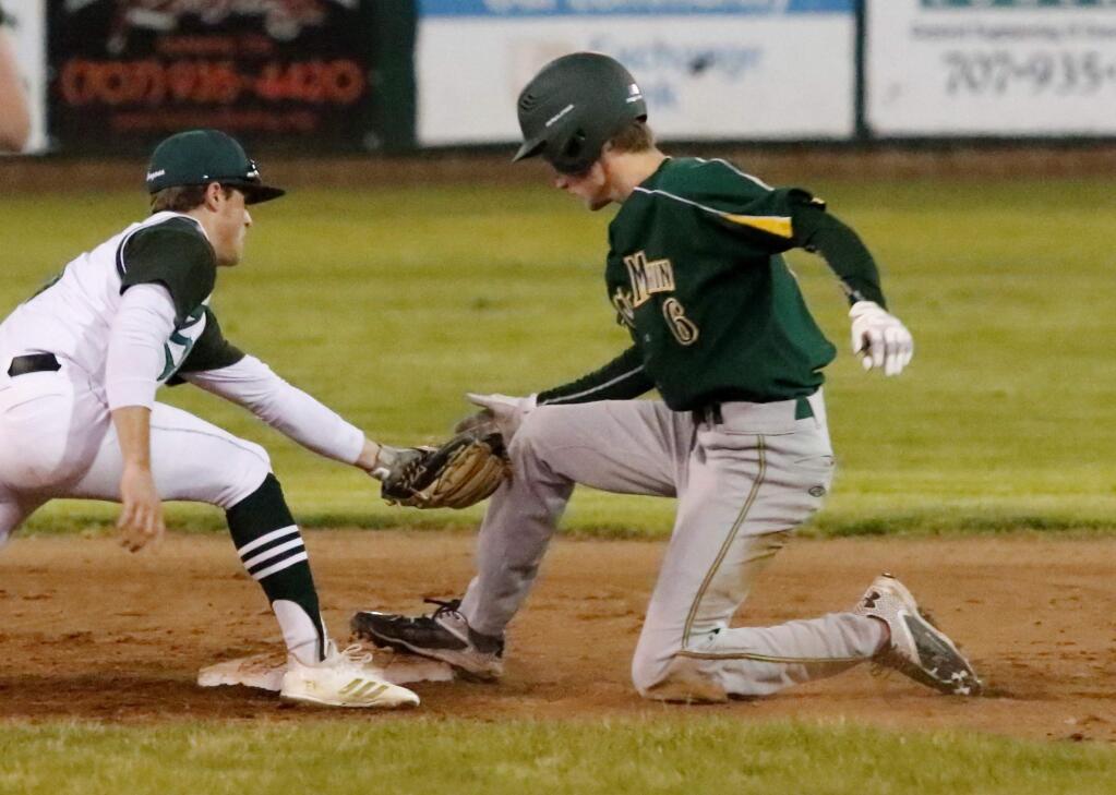 Sonoma shortstop Max Handron is too late with a tag at second base during the Monday, Feb. 18, game against San Marin. Sonoma beat the Mustangs 5-2, and the Dragons are 2-0 on the young season. (Bill Hoban / Special to the Index-Tribune)