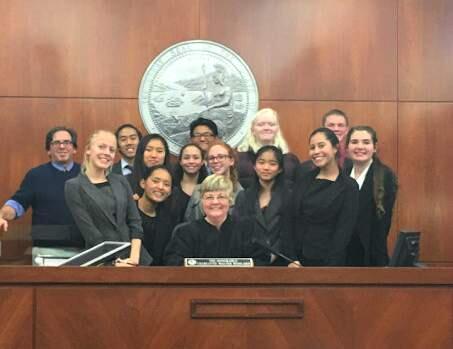The SVHS mock trial team behind the judge's bench in Napa earlier this winter.