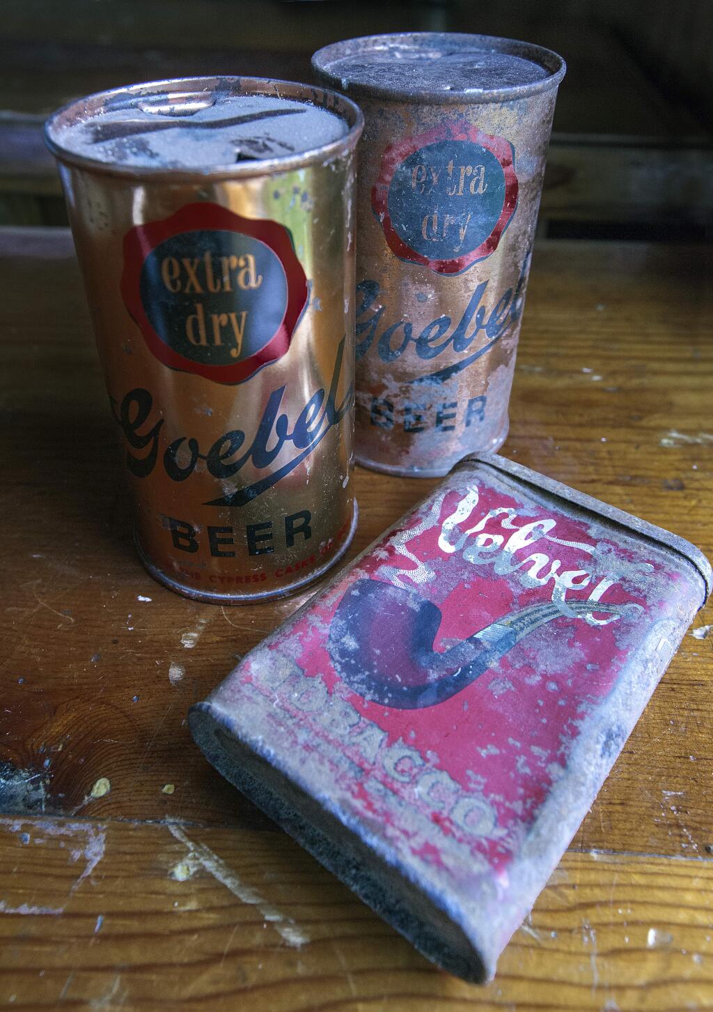 Robbi Pengelly/Index-TribuneWhile tearing out walls, workers found two empty cans of Goebels Beer and an empty container of Velvetpipe tobacco.