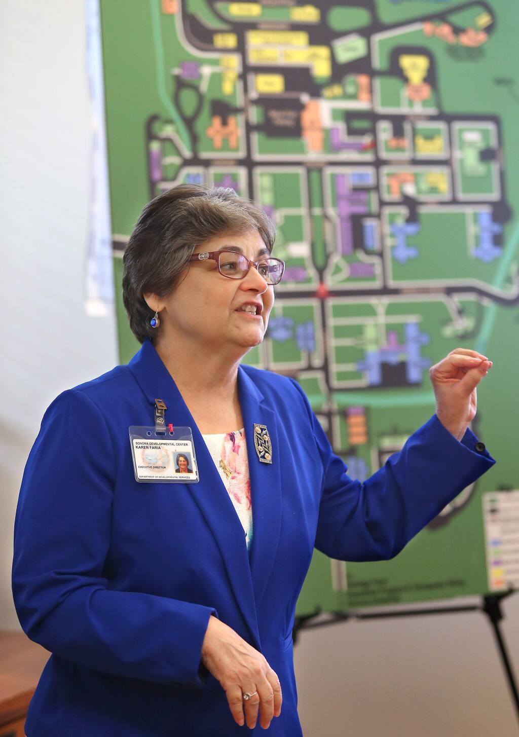 Sonoma Developmental Center executive director Karen Faria speaks to journalists before a tour of the facilities, on Monday, March 30, 2015. (Christopher Chung/ The Press Democrat)