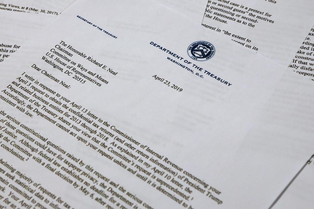 Treasury Secretary Steven Mnuchin's letter asking for more time to respond to a subpoena for President Donald Trump's tax returns. (JON ELSWICK / Associated Press)