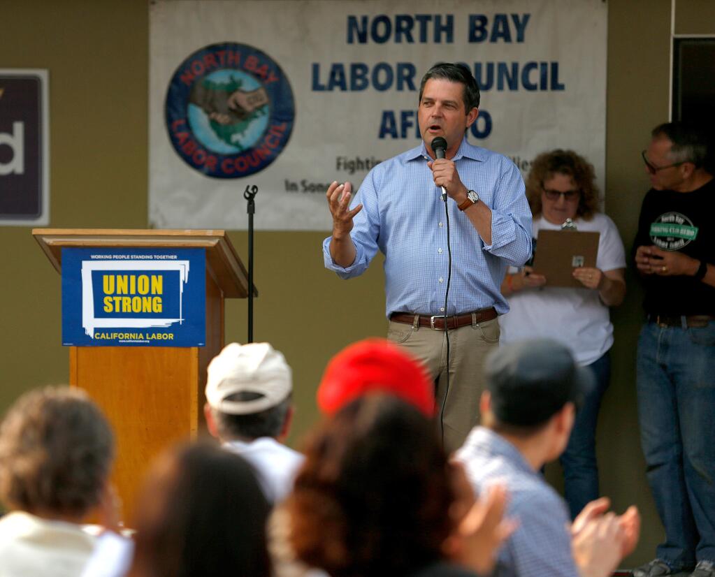 Assemblyman Jim Wood speaks during the North Bay Labor Council's annual pancake breakfast in Santa Rosa, California, on Monday, Sept. 4, 2017. (ALVIN JORNADA/ PD)