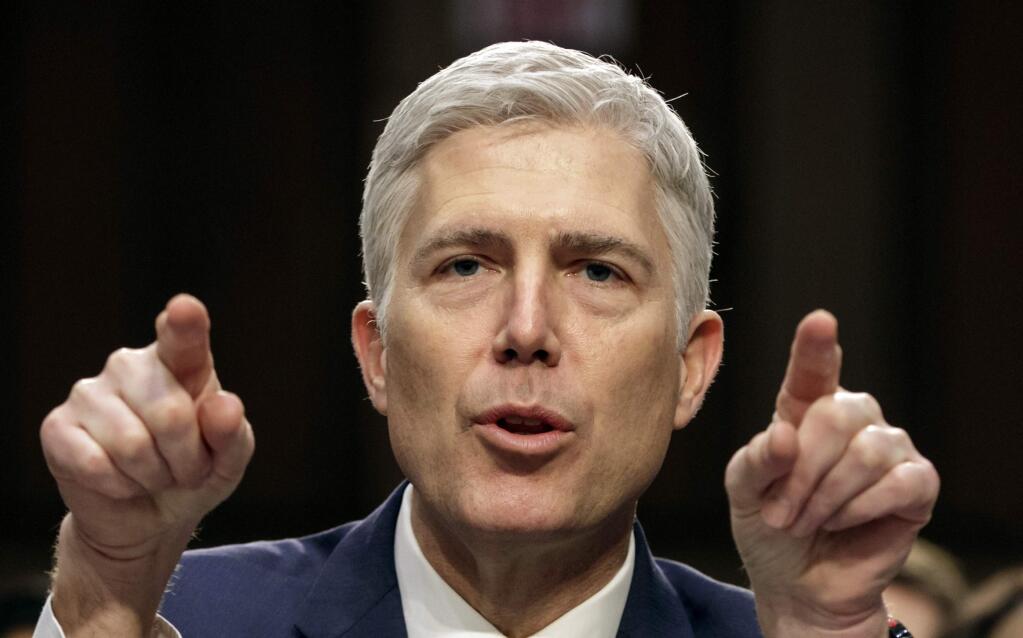 FILE - In this March 22, 2017, file photo, Supreme Court nominee Judge Neil Gorsuch speaks during his confirmation hearing, on Capitol Hill in Washington. (AP Photo/J. Scott Applewhite, File)