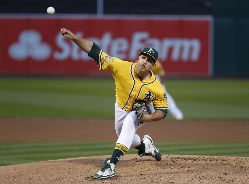 Oakland Athletics starting pitcher Daniel Mengden (33) works against the Chicago White Sox during the first inning of a baseball game Monday, April 16, 2018, in Oakland, Calif. (AP Photo/Tony Avelar)