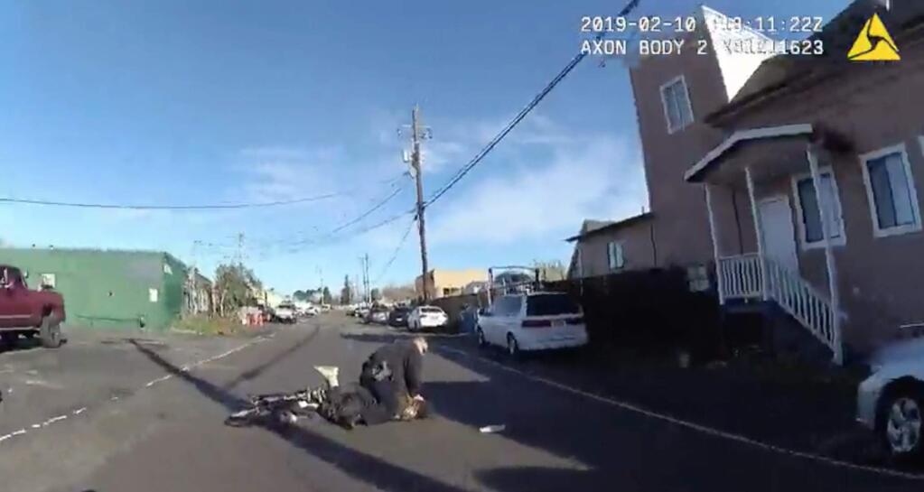 A screenshot of the body-camera footage recorded of Santa Rosa Police Officer Mark Fajardin's arrest of a bicyclist in a traffic stop on alleged minor violations as well as evading a police officer. (City of Santa Rosa)