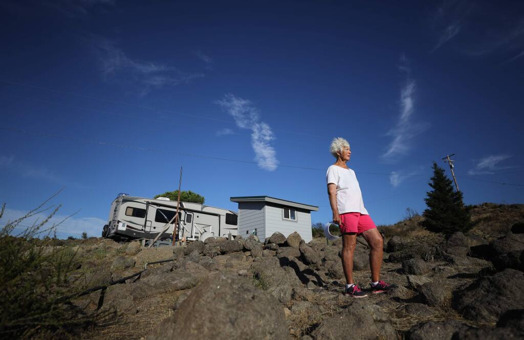 Karla Bailey has been living in a trailer on her property while her home is rebuilt after it burned in the 2017 Atlas fire. Photo taken in Napa on Wednesday, Sept. 25, 2019. (BETH SCHLANKER/The Press Democrat)