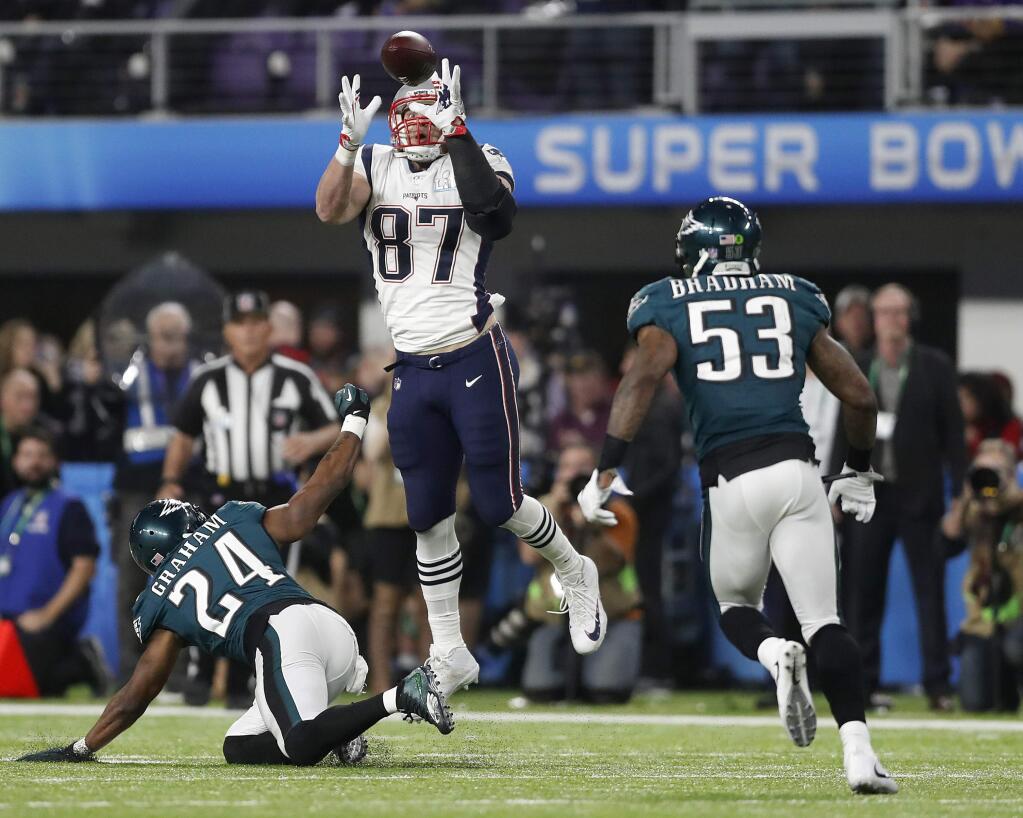 New England Patriots' Rob Gronkowski catches a pass during the second half of the NFL Super Bowl 52 football game against the Philadelphia Eagles Sunday, Feb. 4, 2018, in Minneapolis. (AP Photo/Jeff Roberson)