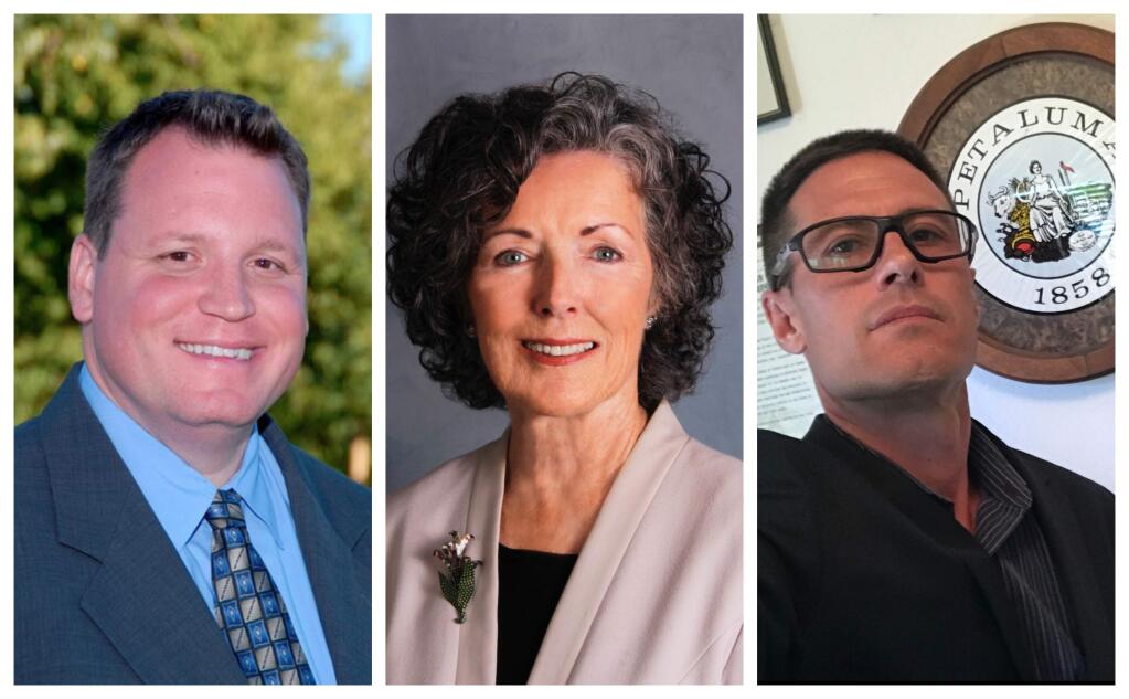 Candidates for Petaluma mayor include, from left, Mike Harris, Teresa Barrett, and Brian Powell.