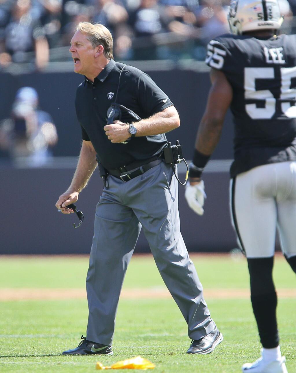 Oakland Raiders head coach Jack Del Rio yells at the officials for a call against the Raiders during their game against the New York Jets, in Oakland on Sunday, September 17, 2017. (Christopher Chung/ The Press Democrat)