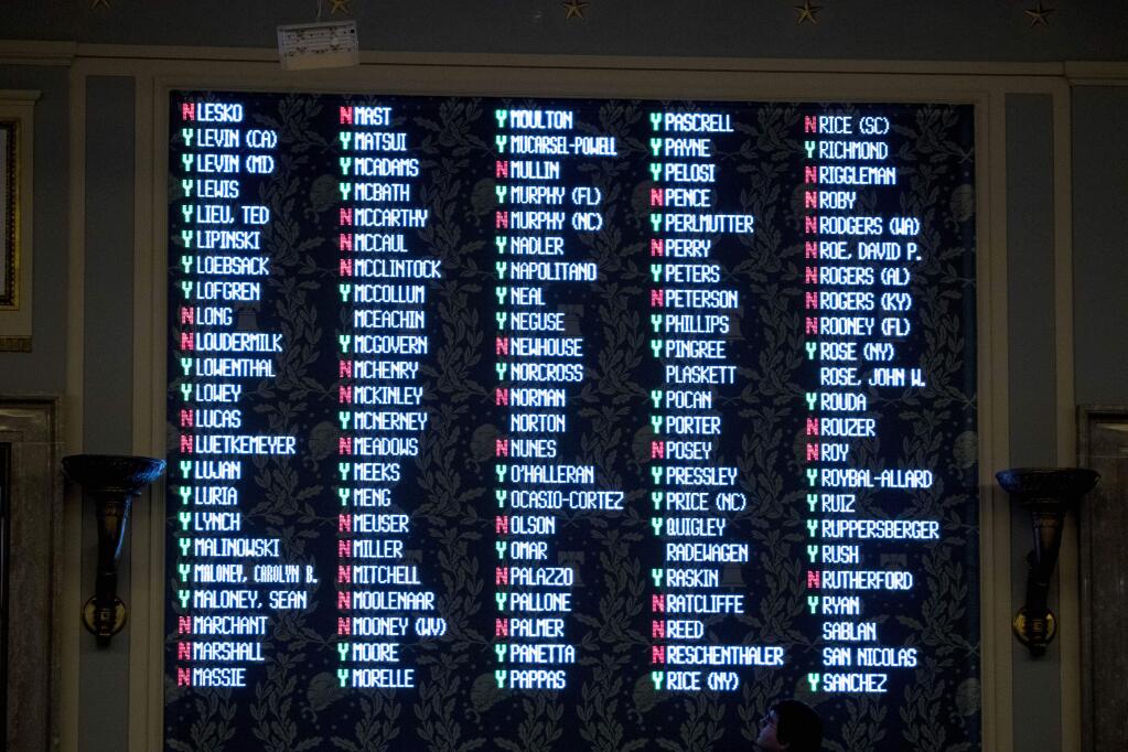 Vote Tallies are displayed as House members vote on a resolution on impeachment procedure to move forward into the next phase of the impeachment inquiry into President Trump, in the House Chamber on Capitol Hill in Washington, Thursday, Oct. 31, 2019. The resolution passed 232-196. The resolution will authorize the next stage of impeachment inquiry into President Donald Trump, including establishing the format for open hearings, giving the House Committee on the Judiciary the final recommendation on impeachment, and allowing President Trump and his lawyers to attend events and question witnesses. (AP Photo/Andrew Harnik)