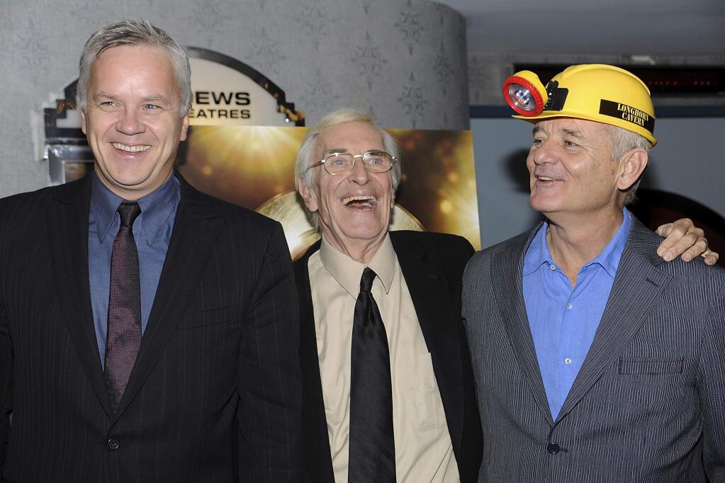FILE - In this Oct. 7, 2008, file photo, Tim Robbins, from left, Martin Landau and Bill Murray attend a special screening of 'City of Ember' in New York. Landau died Saturday, July 15, 2017, of unexpected complications during a short stay at UCLA Medical Center, his publicist Dick Guttman said. Landau was known as the chameleon-like actor who gained fame as the crafty master of disguise in the 1960s TV show 'Mission: Impossible,' then capped a long and versatile career with an Oscar for his poignant portrayal of aging horror movie star Bela Lugosi in 1994's 'Ed Wood.' He was 89. (AP Photo/Evan Agostini, File)