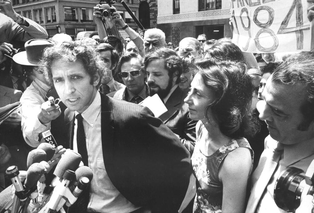 Daniel Ellsberg, who faced 12 felony counts as a result of his leak of the Pentagon Papers, speaks to the press outside a federal courthouse in Boston in 1971 after it was first published by The New York Times. (Donal F. Holway/The New York Times)