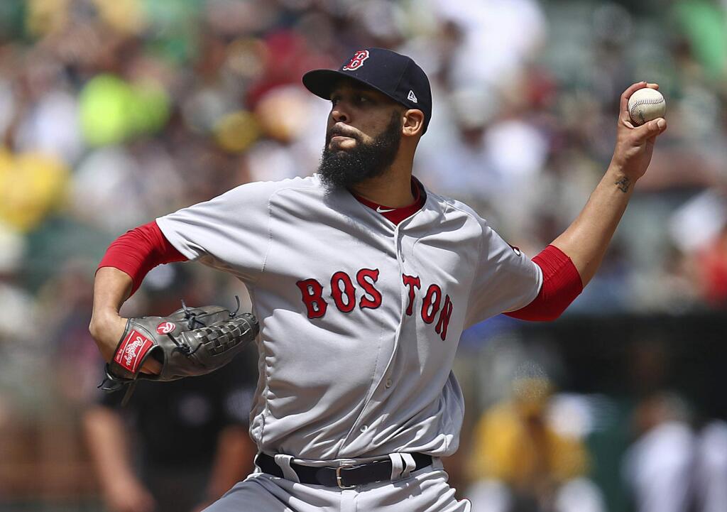 Boston Red Sox pitcher David Price works against the Oakland Athletics during the first inning of a baseball game Sunday, April 22, 2018, in Oakland, Calif. (AP Photo/Ben Margot)