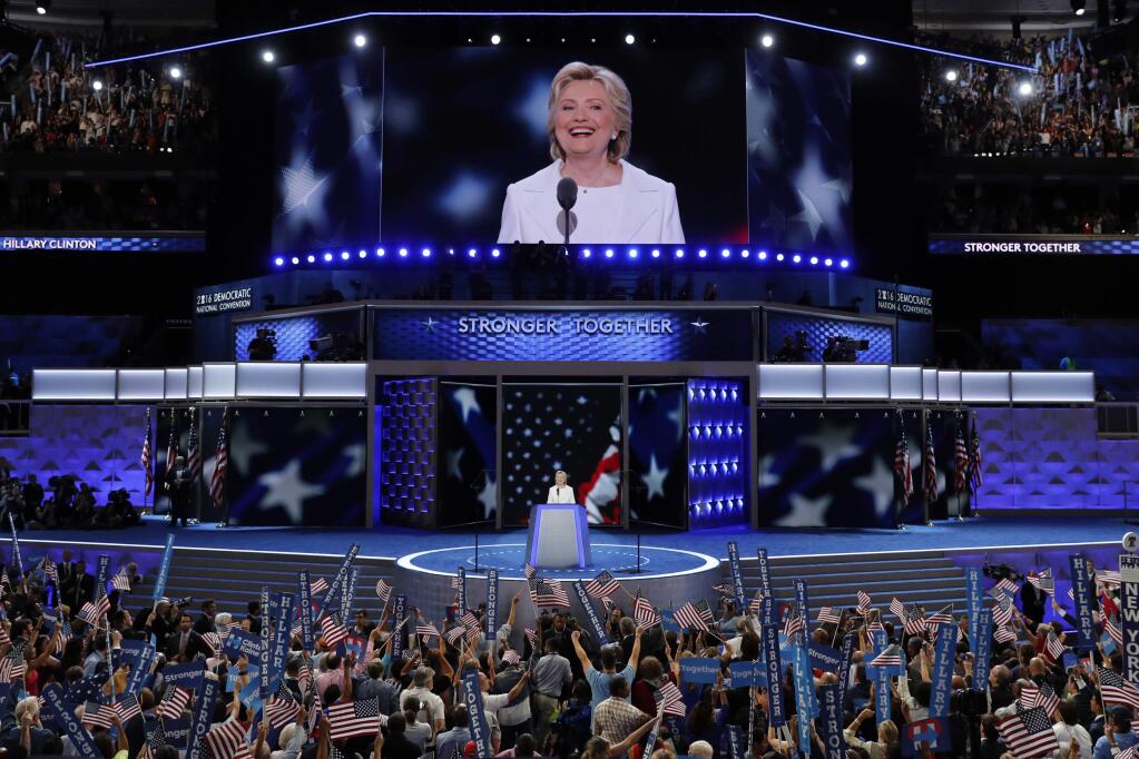 Hillary Clinton addresses the Democratic National Convention on Thursday in Philadelphia. (J. SCOTT APPLEWHITE / Associated Press)