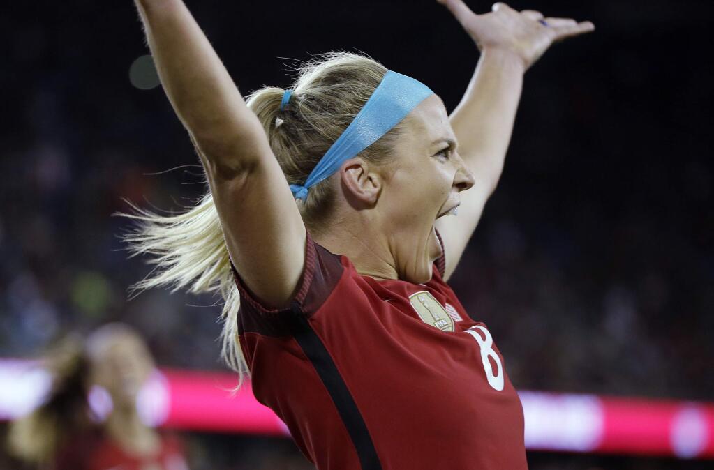 United States midfielder Julie Ertz (8) reacts after scoring a goal during the first half of an international friendly women's soccer match against Canada, Sunday, Nov. 12, 2017, in San Jose, Calif. (AP Photo/Eric Risberg)