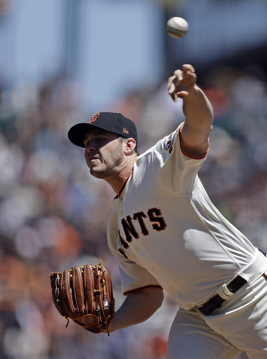 San Francisco Giants pitcher Ty Blach works against the San Diego Padres in the first inning of a baseball game Sunday, April 30, 2017, in San Francisco. (AP Photo/Ben Margot)