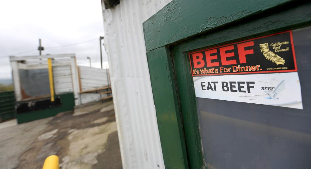 Beef sticker at the old Rancho Feeding Corp. which will reopen April 7 as Marin Sun Farms Petaluma. (Kent Porter / Press Democrat) 2014