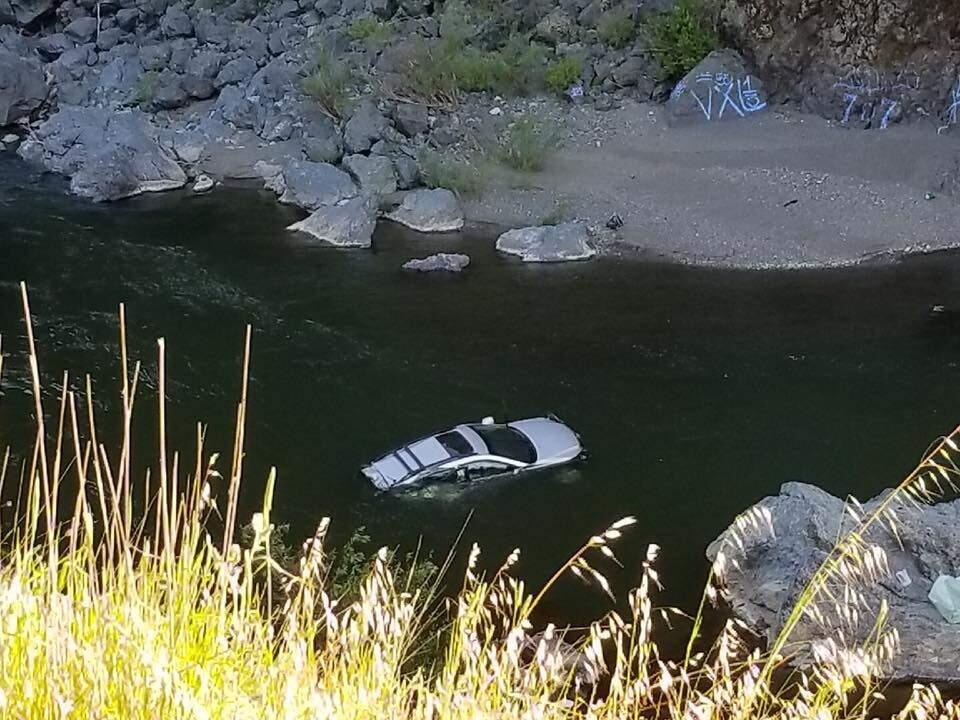A speeding Lexus with two on board plunged off of Highway 101 into the Russian River Tuesday, May 15, 2018. (CHP - UKIAH/ FACEBOOK)