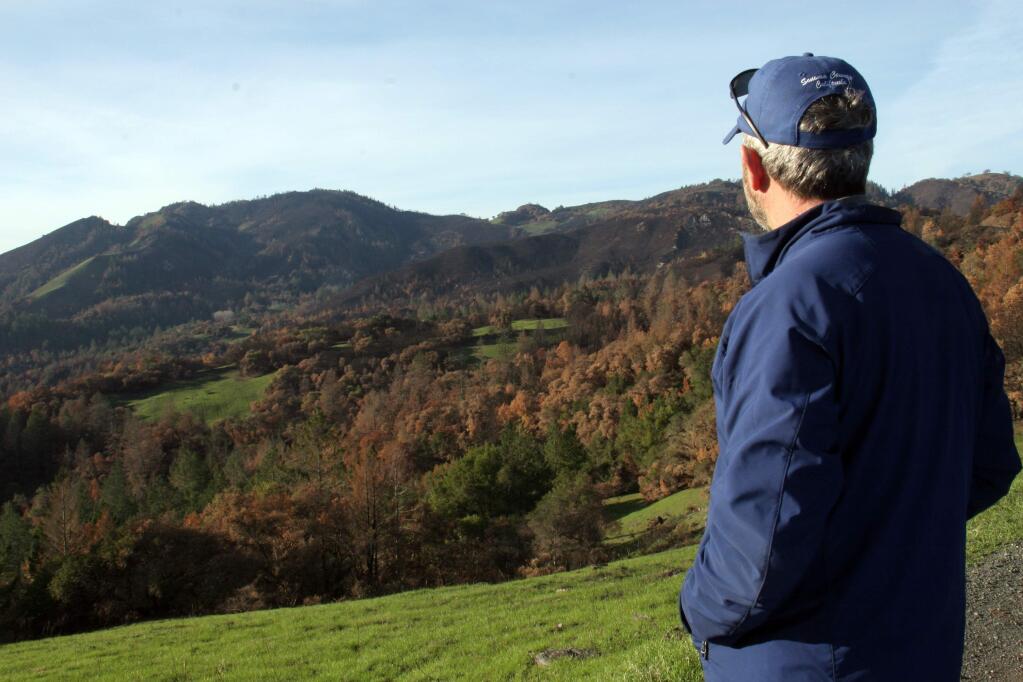Park manager John Roney looks across the Stern Ranch property toward Hood Mountain Regional Park, which like Sugarloaf Ridge suffered extreme fire damage in October, 2017. Neither park is expected to reopen in the forseeable future. (Christian Kallen/Index-Tribune)
