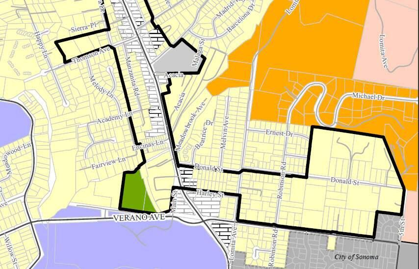 Portion of the Springs Specific Plan map, showing the 'leg' that includes Donald Street and its neighborhoods, east of the Springs corridor. (PRMD)