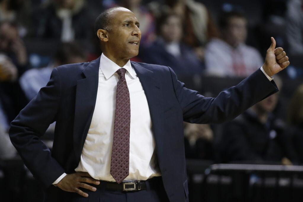 Stanford head coach Johnny Dawkins calls out to his team during the first half in the consolation round of the NIT Season Tip-Off tournament Friday, Nov. 27, 2015, in New York. (AP Photo/Frank Franklin II)
