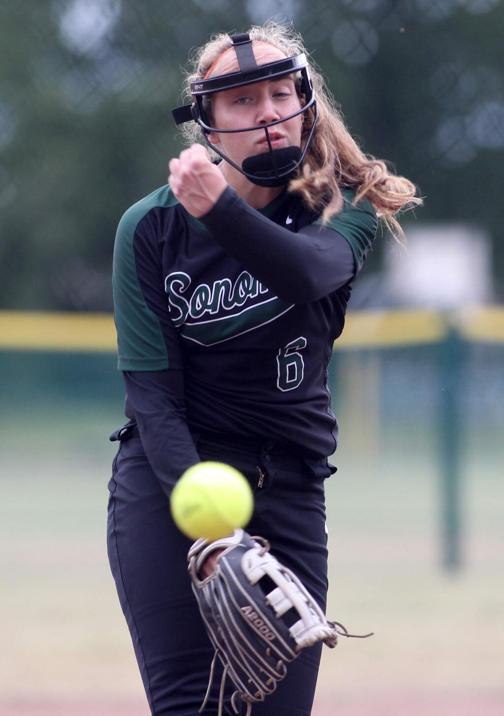 Sonoma Valley High's Kennedy Midgley on the mound in spring, 2018. Midgley threw a no-hitter in a scrimmage against Redwood High on Feb. 9 to open organized play for the softball Dragons. (Photo by Darryl Bush / For The Press Democrat)