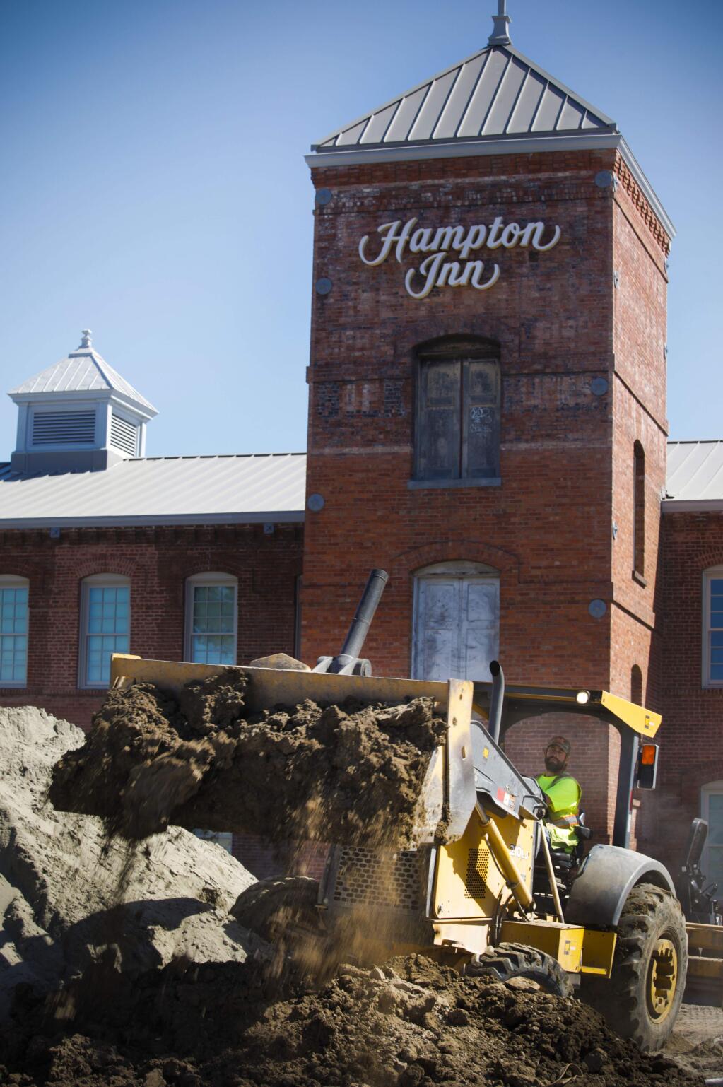Work continues at the former Silk Mill on Lakeville where a new Hampton Inn is scheduled to open in June(CRISSY PASCUAL/ARGUS-COURIER STAFF)