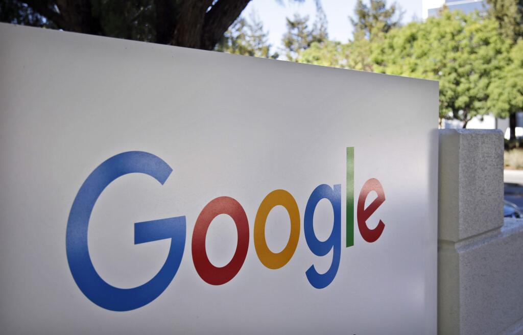 FILE - This Oct. 20, 2015, file photo, shows a sign outside Google headquarters in Mountain View, Calif. (AP Photo/Marcio Jose Sanchez, File)
