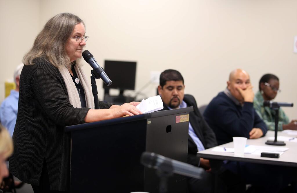 Susan Lamont spoke during a Community and Local Law Enforcement Task Force meeting held Monday evening at the Department of Human Services Employment and Training Division. (Crista Jeremiason / The Press Democrat)