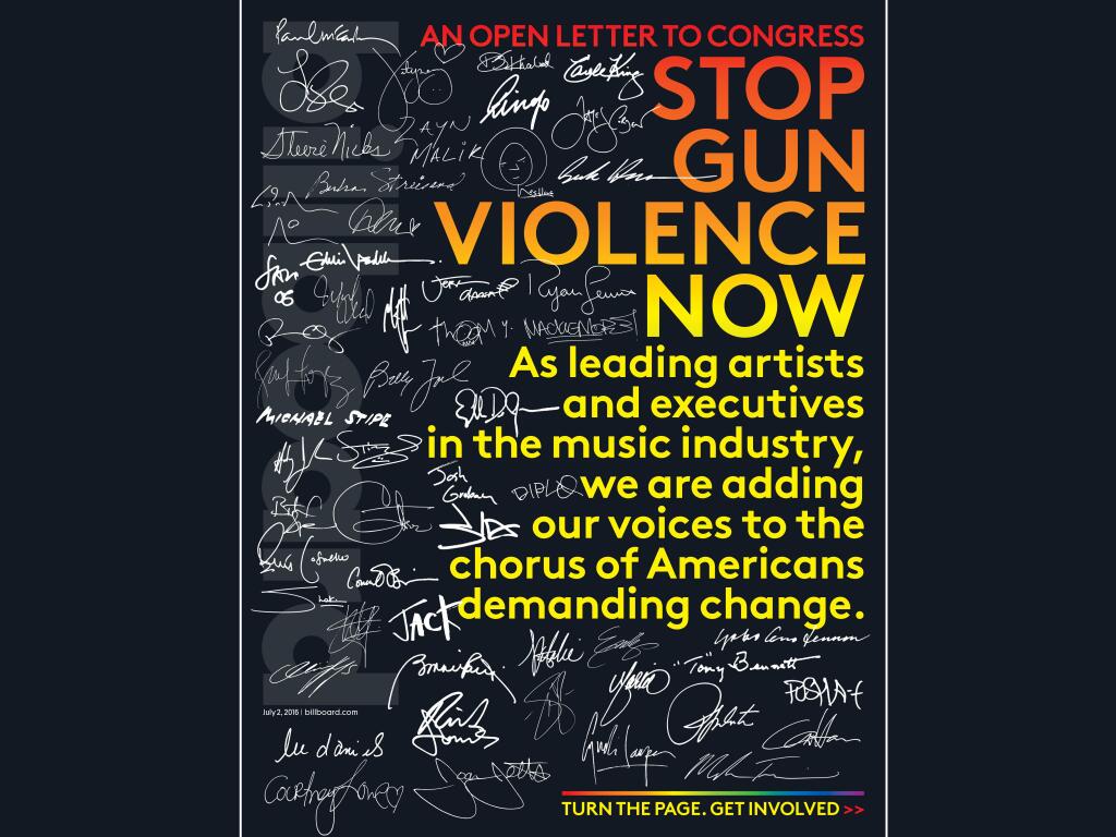 This image released by Billboard Magazine shows an open letter to Congress posted on the magazine's website Thursday, June 23, 2016, about stopping gun violence in America. Over 200 signatures appeared from musicians and executives, including Cher, Jennifer Lopez, Elvis Costello, Britney Spears, Lin-Manuel Miranda, Sting and Katy Perry. (Billboard via AP)