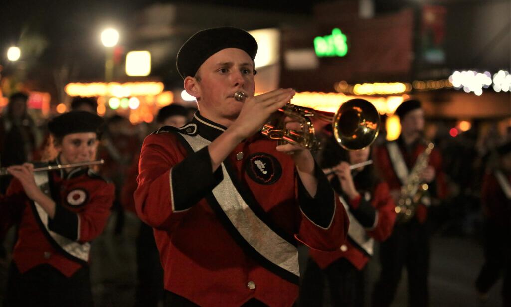 The El Molino marching band performed in the Annual Guerneville Holiday Parade of Lights on main street in downtown Guerneville on Saturday, Dec. 2. The parade featured many colorful, creative and brightly lit floats, marching contingents and other entries. (Will Bucquoy/For the Press Democrat).