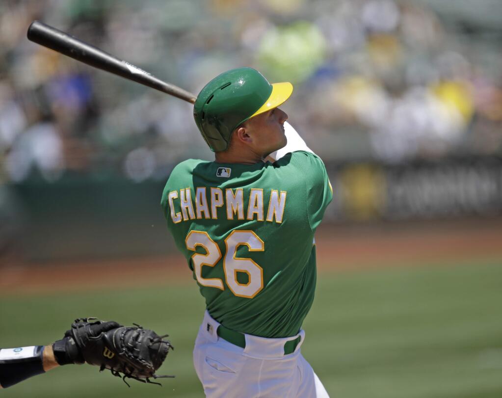 The Oakland Athletics' Matt Chapman bats against the Seattle Mariners in the first inning Wednesday, July 17, 2019, in Oakland. (AP Photo/Ben Margot)